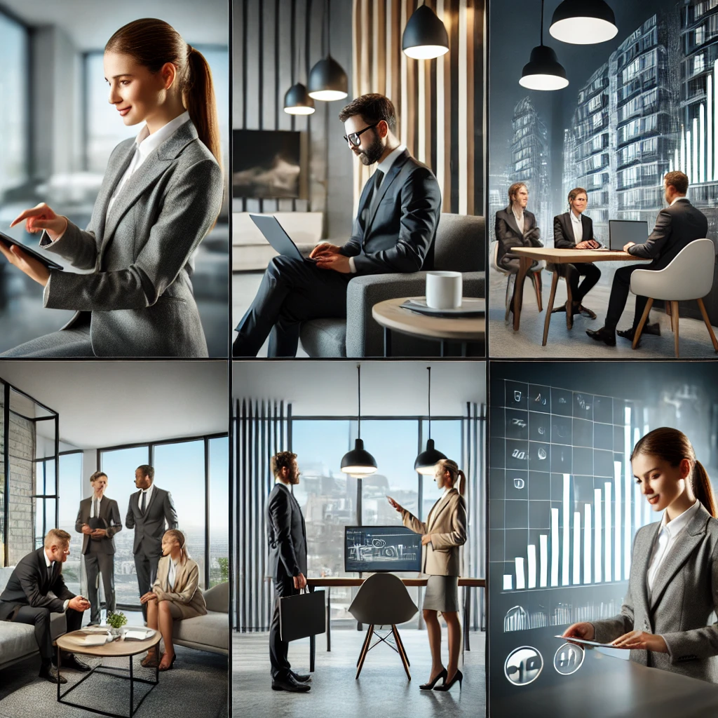 DALL·E 2025-02-26 09.27.37 – A series of professional business settings featuring different aspects of furnished rental management. Scenarios include_ 1) A confident businesswoman